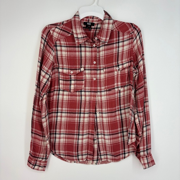 Paige Womens Small Button Front Shirt Rose Pink Blue Plaid Flannel Viscose LS - Picture 1 of 8